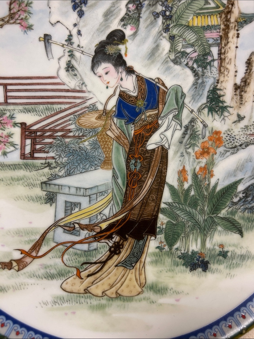 Hand-Painted Tai-Yu Asian Decorative Wall Plate in Blue and Green image 2